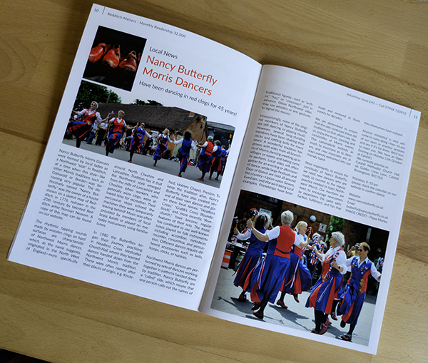 Picture of the double page spread of the October Redditch Matters Magazine . An article with photos about Nancy Butterfly