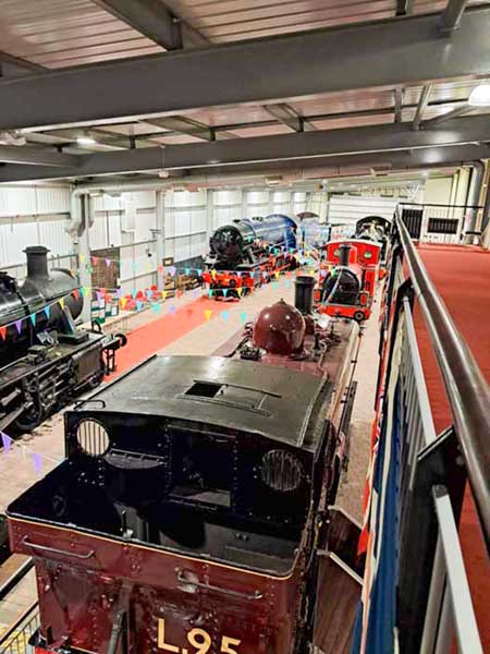 Overhead view of engines displayed in the Highley Engine Shed from the balcony