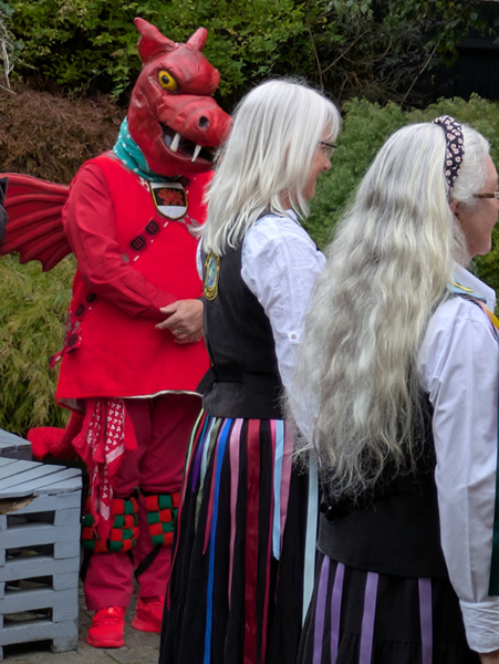 2 ladies from the Flowers of Ilmington group with long silver hair waiting to dance whilst the Cardiff Dragon-costumed member looks on.
